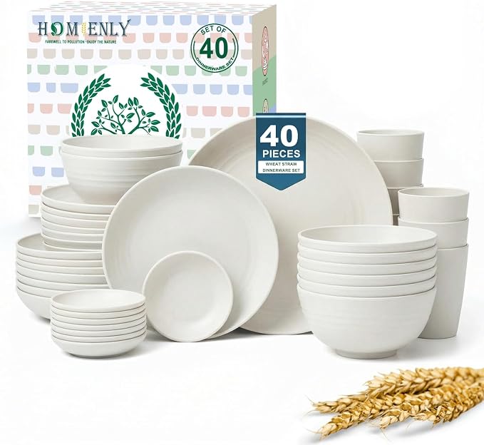 40 PCS Kitchen Dinnerware Sets, Wheat Straw Plates and Bowls Sets, Unbreakable by HOMIENLY