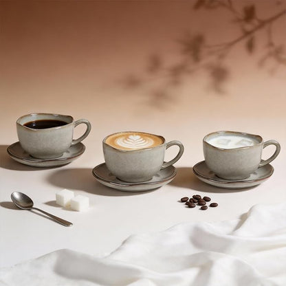 Organic Shape Highland Ceramic Coffee Cup and Saucer, 6pcs 8oz Handmade Reactive Glaze Saucer Sets with Wavy Edge, for Kitchen, Microwave & Dishwasher Safe, Scratch Resistant-grey