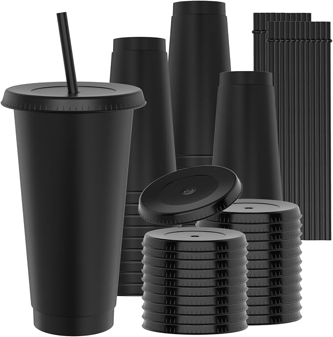 24 oz Plastic Cups With Lids and Straws, Sturdy & Food-Safe Iced Coffee Cups by Unknown