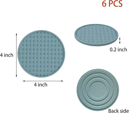 Set of 6 Silicone Coasters, 4'' Drink Coaster with Holder, Round Coasters for Drinks Beer Coffee Home Office Bar Desk Tabletop Protection, Non-Slip Rubber Coaster (Blue, 6 Pcs-Plastic Holder)