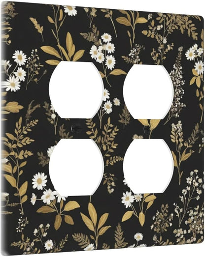 Light Switch Cover Black/Gold Boho Botanical Floral Rustic Flowers 2 Gang Decorative SwitchPlates Double Duplex Wall Plates Switch Plates and Outlet Covers for Bathroom Kitchen Decor