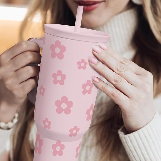Floral Tumbler with Handle and Straw 40oz Stainless Sleel Slider Tumbler Travel - Image 7