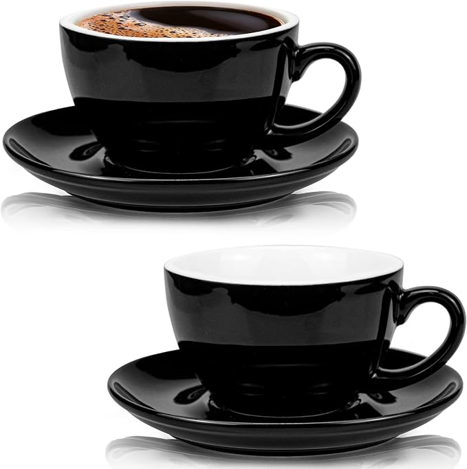 Yesland 2 Pack 8.5 oz Ceramic Coffee Cup and Saucer, Glossy Black Cappuccino by Yesland