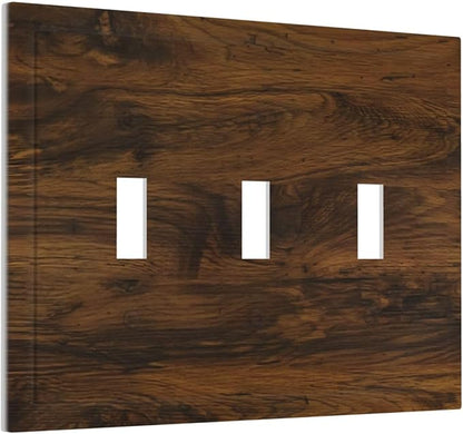 Light Switch Cover Brown Rustic Wood Grain Vintage Wooden Texture 3 Gang Wall Plate Triple Light Switch Plate Toggle Decorative Outlet Covers Electrical Switchplate for Cabin Bedroom Decor