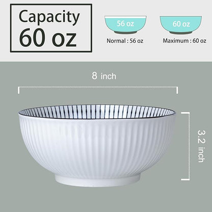 60 oz Large Soup Bowls, Pho Bowls, 8 Inch Blue and White Ceramic Japanese Ramen Bowls Set of 3 - Striped Pattern