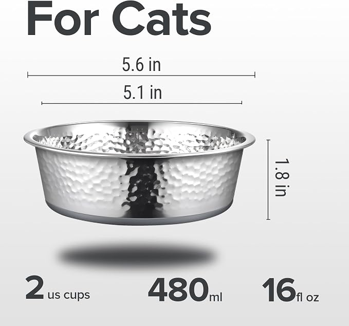 URBUDDIES 2 Pack Hammered Stainless Steel Cat Bowls, 2 Cup, Dishwasher Safe - Image 3