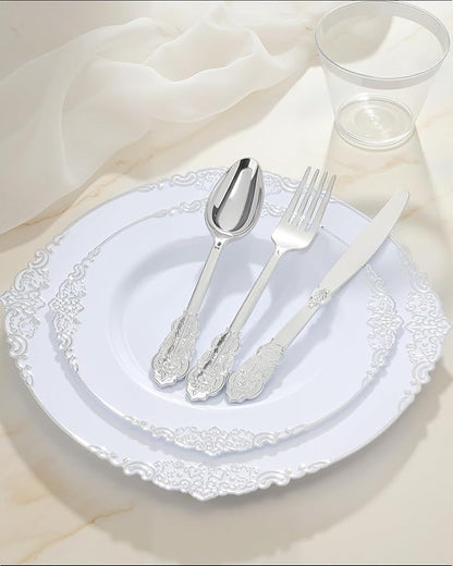 Goodluck 350 Piece Silver Plastic Dinnerware Set for 50 Guests, Fancy Disposable Plates, Include: 100 Silver Rim Plastic Plates, 150 Silverwares, 50 Pre Rolled Napkins, 50 Cups for Party, Wedding