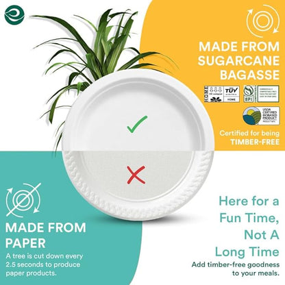 ECO SOUL 9 Inch Compostable Disposable Paper Plates [200 Pack] Food Safe 100% Virgin Bagasse Pulp Heavy Duty Biodegradable Microwave Safe Large Round Dinner Plate for Party, Picnic & BBQ (White)