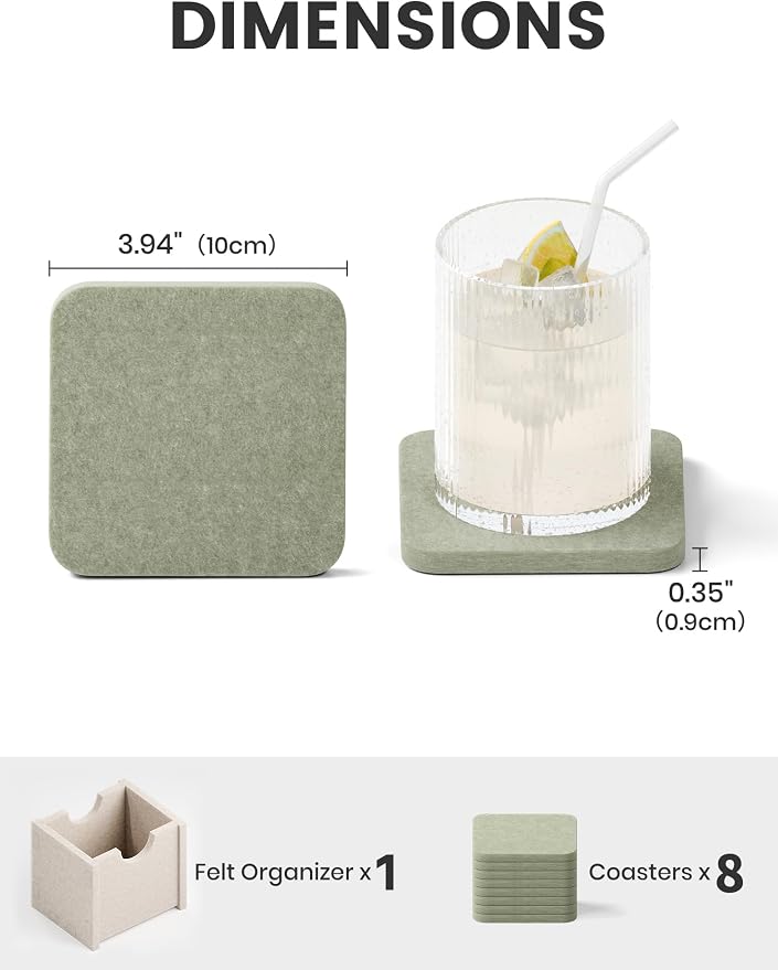 Fluxynara Felt Coasters with Holder, Sage | Square Felt Coasters, - Image 2