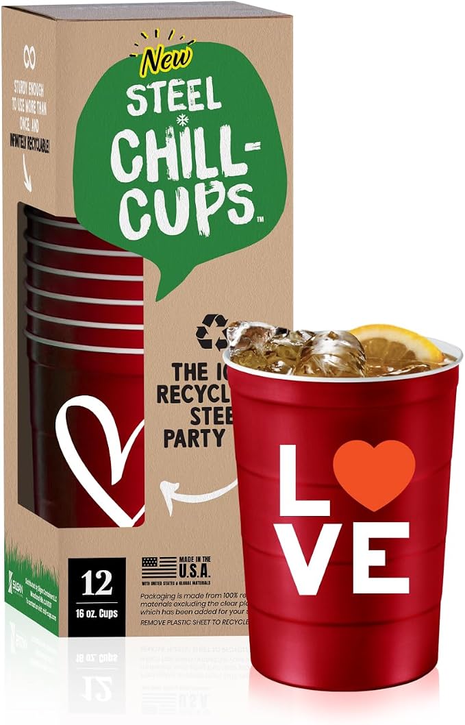 Steel Chill Cups 16 oz. Reusable Party Cups, Love & Heart Design, 100% by SteelChillCups