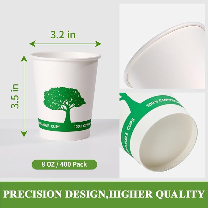 Vplus 400 Pack Compostable Paper Cups, 8 oz Paper Coffee Cups | Biodegradable - Image 2