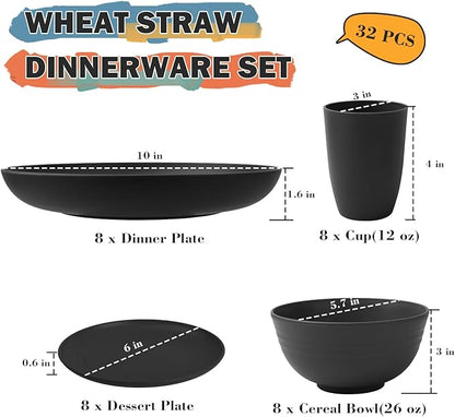 Wheat Straw Dinnerware Sets for 8, 32 PCS Unbreakable Plates and Bowls Sets, Reusable Dinnerware Set for Kitchen Outdoor and Apartment Dinning Essentials - Black