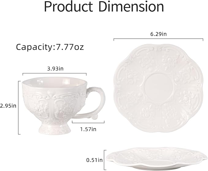 KAMMAK Tea Cups and Saucers Set of 2, 7.8 oz Porcelain Coffee Cups, 565N | - Image 5