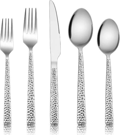 E-far 10-Piece Hammered Silverware Set, Stainless Steel Square Flatware Set by E-far