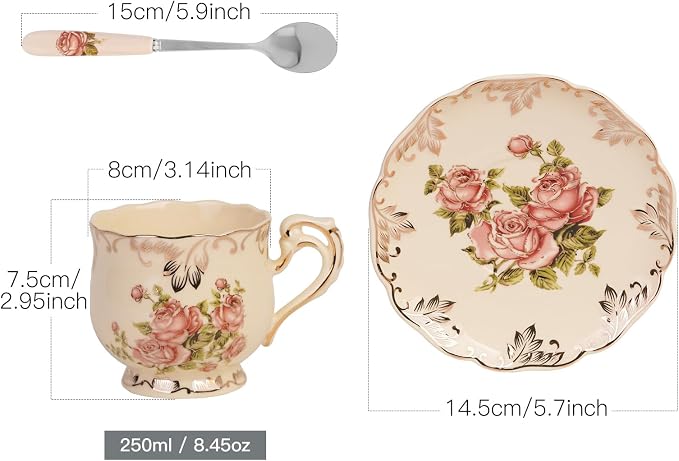 YOLIFE Tea Cup and Saucer Set, 8 OZ Pink Rose Tea Cup Set | Ivory Vintage - Image 3
