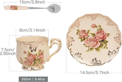 YOLIFE Tea Cup and Saucer Set, 8 OZ Pink Rose Tea Cup Set | Ivory Vintage - Image 3