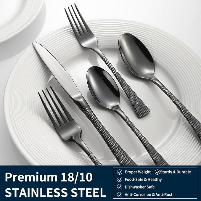 Hammered Black Silverware Set, 20 Piece Modern Flatware Set Service - Image 6