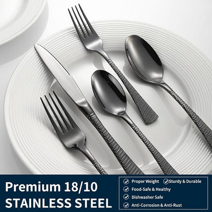 Hammered Black Silverware Set, 20 Piece Modern Flatware Set Service - Image 6