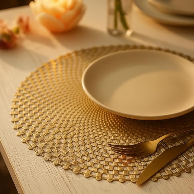 FAVE 10 PCS Gold Vinyl Round Placemats, Spiral Hollow Out Design for Large Gatherings, Party Decor, Birthdays, Restaurant (15 Inch,10PCS)
