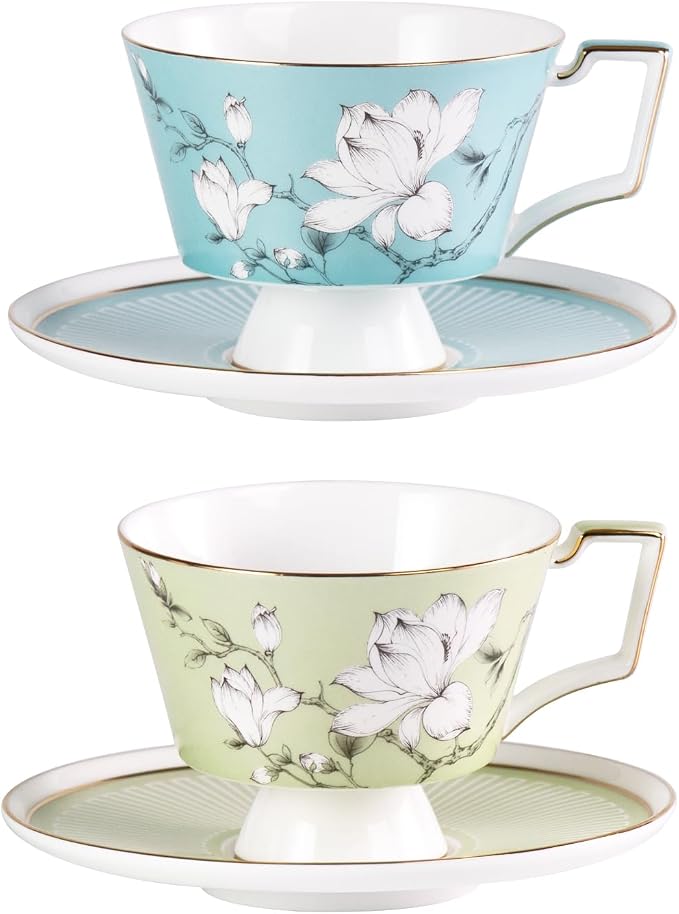 KAMMAK Ceramic Coffee Cups Saucers Set of 2, Porcelain Espresso Cups by KAMMAK