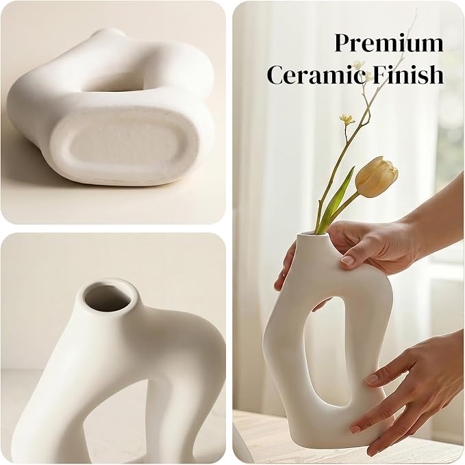 Dowan White Vases for Decor, Hollow Ceramic Vase Set of 2, 8.3" Nordic Modern - Image 3