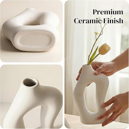 Dowan White Vases for Decor, Hollow Ceramic Vase Set of 2, 8.3" Nordic Modern - Image 3