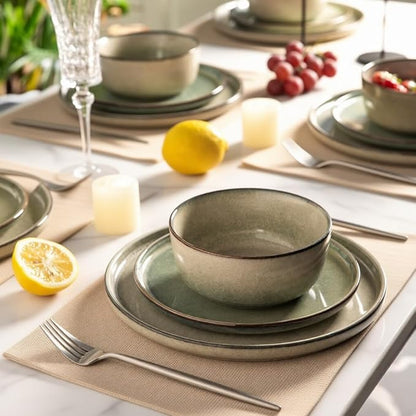 AmorArc Stoneware Dinnerware Sets for 4,Round Reactive Glaze Ceramics Plates and Bowls Set,Highly Scratch Resistant Dishware | Dishwasher & Microwave Safe Dishes Set,Service for 4 (12pc)