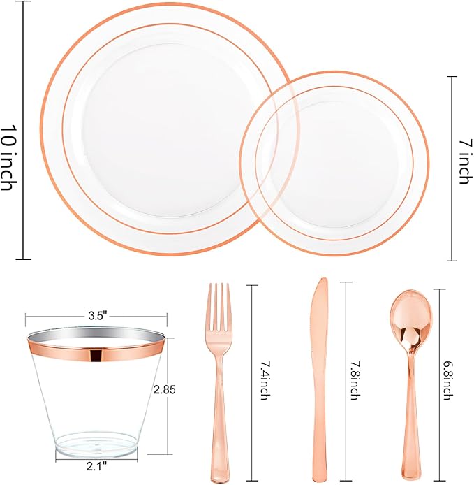 bUCLA 150PCS Clear Rose Gold Disposable Dinnerware set - Image 2