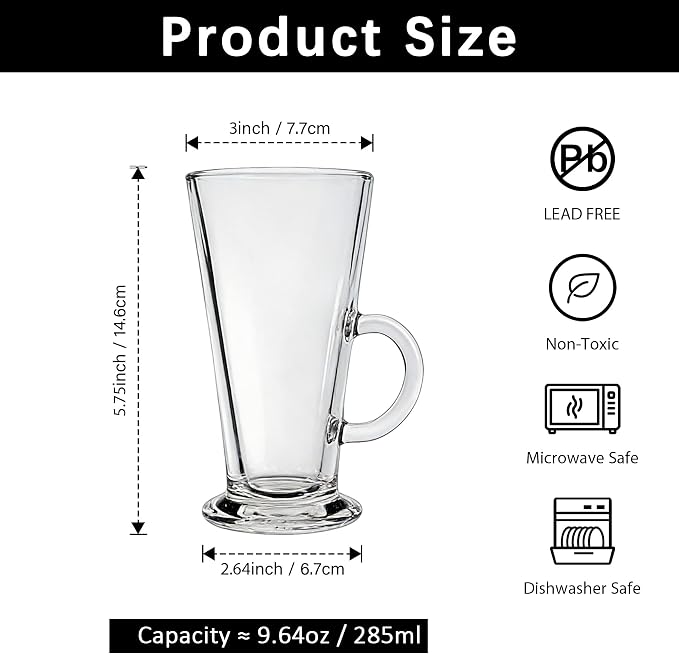6 Pack Tall Irish Coffee Mugs - 9oz Irish Coffee Glasses - Clear Mugs - Image 3