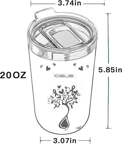Ideus 20 oz Tumbler, Travel Coffee Mug with Splash Proof Sliding Lid, Double Wall Stainless Steel Vacuum Insulated Coffee Mug for Home and Office, Keep Beverages Hot or Cold, Pink Ribbon