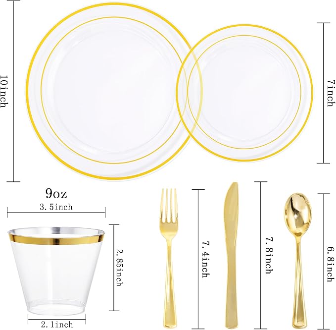bUCLA 300Pcs Clear Gold Plastic Disposable Dinnerware Set - Image 2