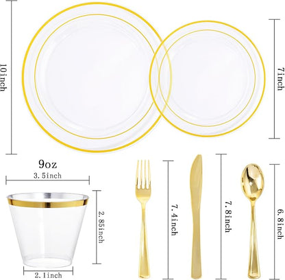 bUCLA 300Pcs Clear Gold Plastic Disposable Dinnerware Set - Image 2