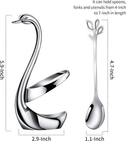 AnSaw Silver Swan Base With 10-Pcs Mini Leaf Coffee Spoon Holder Set-4.7" | - Image 2