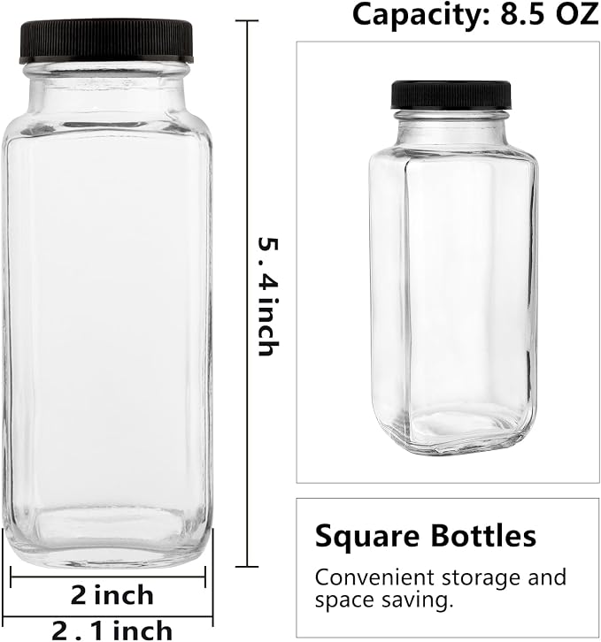 GUANENA 12 Pack Glass Drink Bottles, 8.5 OZ Vintage Square Water Bottles - Image 2