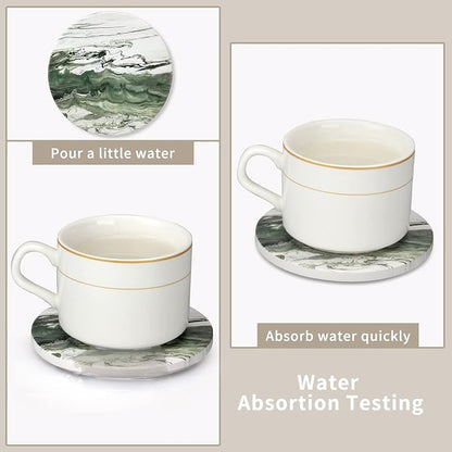 6 Pcs Green Ceramic Coasters with Holder Round Cool Drink Best Modern Absorbent Coaster Set for Coffee Table, Art Decorative Coasters, Bar, Farmhouse, Outdoor Cup Coaster Gifts
