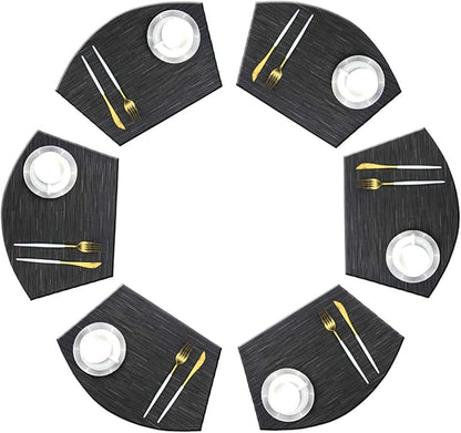 Wedge Placemats for Round Table Woven Vinyl Heat Resistant Washble Easy Clean Table Mats Set of 6（Black）