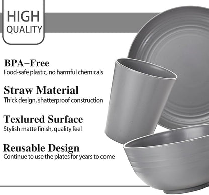 LIYH 28 Pcs Dark Grey Plates and Bowls Dinnerware Sets, Dish Set for 4, Unbreakable Reusable Plate, Wheat Straw Plates and Bowls Apply to Kitchen & Camping
