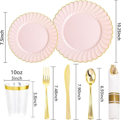 YOUBET 350PCS Pink Scalloped Plastic Plates - Pink and Gold Disposable Dinnerware Set Include 100 Plates, 150 Gold Silverware, 50 Cups, 50 Napkins for Wedding & Party Valentines Day