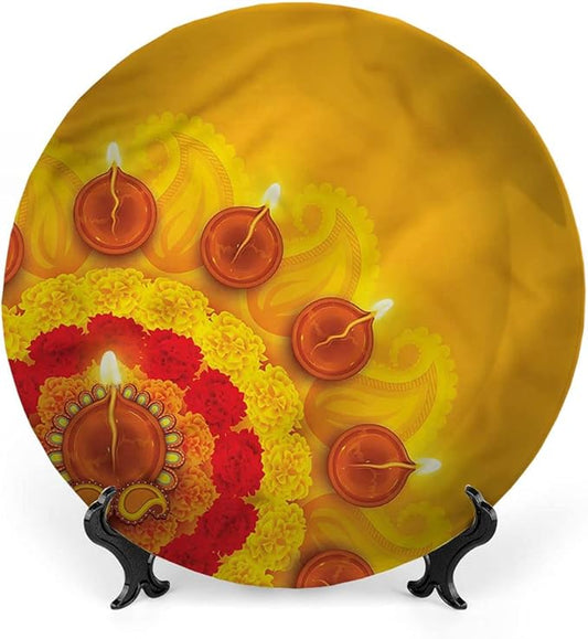 Ceramic Display Plate, Diwali Ceramic Hanging Decorative Plate, Flowers Diwali Festive, 8 Inch, Household Custom Ceramic Plate, Multicolor