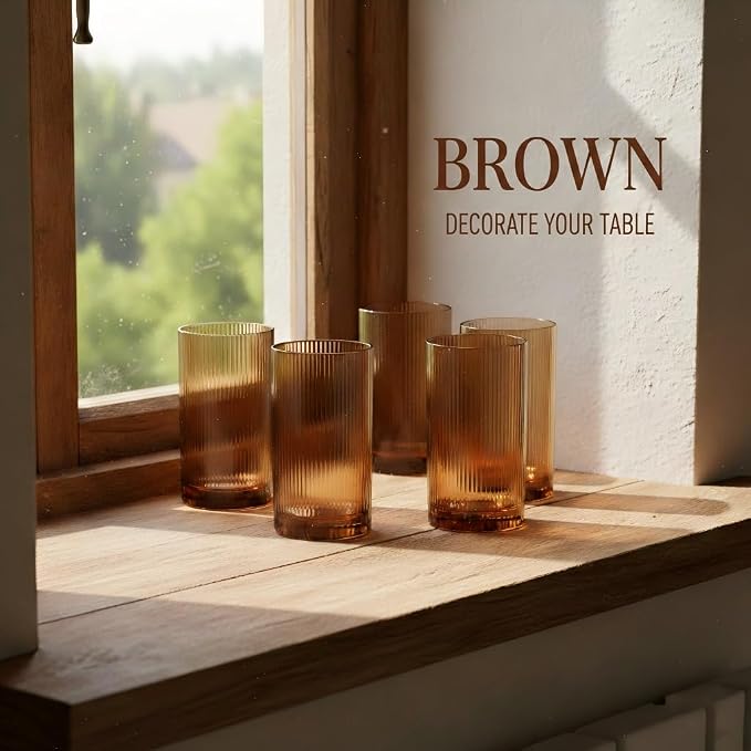 Physkoa Brown Ribbed Drinking Glasses Set of 6 – Vintage Embossed Highball - Image 3