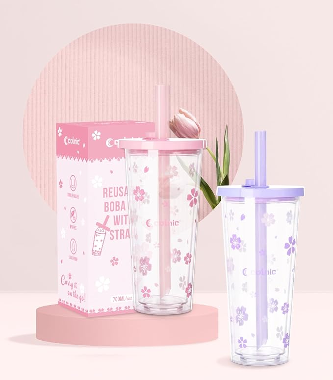 Reusable Plastic Boba Cup With Lids And Straws, 24Oz/700ml Smoothie Cups - Image 7
