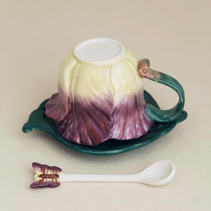 Ceramic Tea Cup and Saucer Set ，6OZ 3D Hand-Painted Flower and Lotus Leaf - Image 5