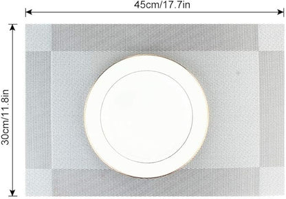 DACHUI Placemats Set of 4, Linen Look Woven Place Mats, Water Resistant, Heat Resistant, Washable, Durable Table Mats (Silver Grey)