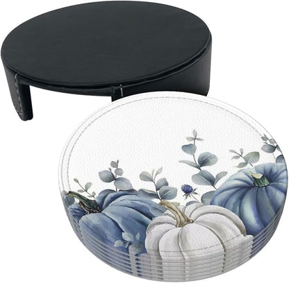 6 Pcs Blue White Pumpkins Leather Coasters - Image 4