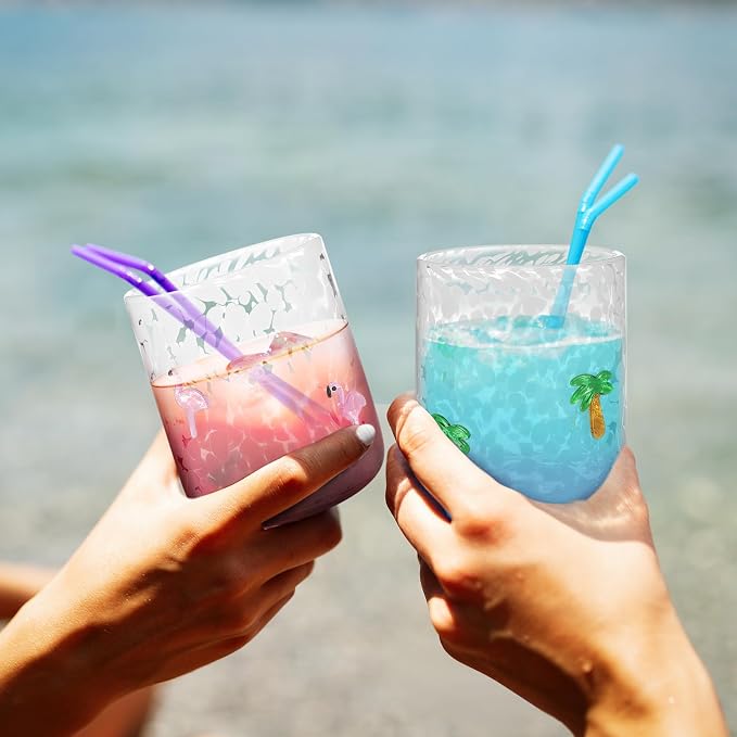 Skylety 2 Pcs Hawaii Icon Juice Rocks Glasses 14 oz Coconut Tree and Flamingo - Image 4
