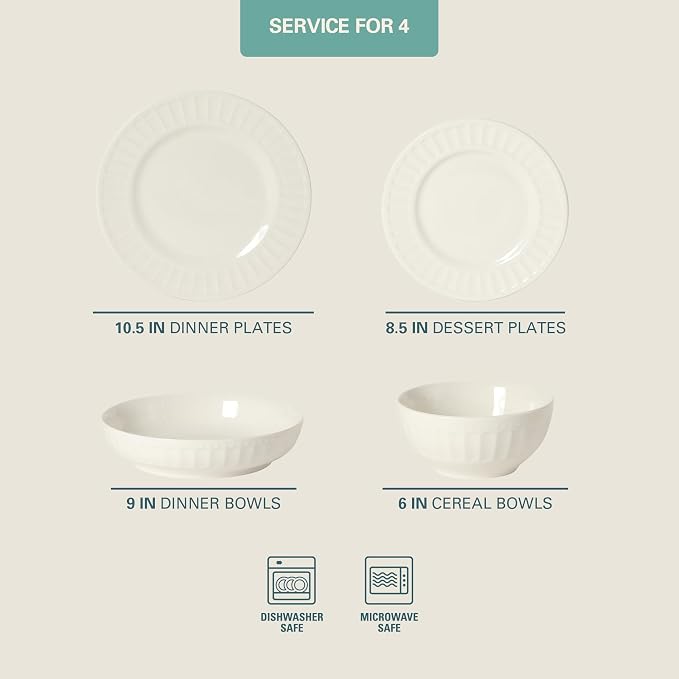 Gibson Home Melbourne White Plates and Bowls Set, 16 Piece Embossed Ceramic - Image 2