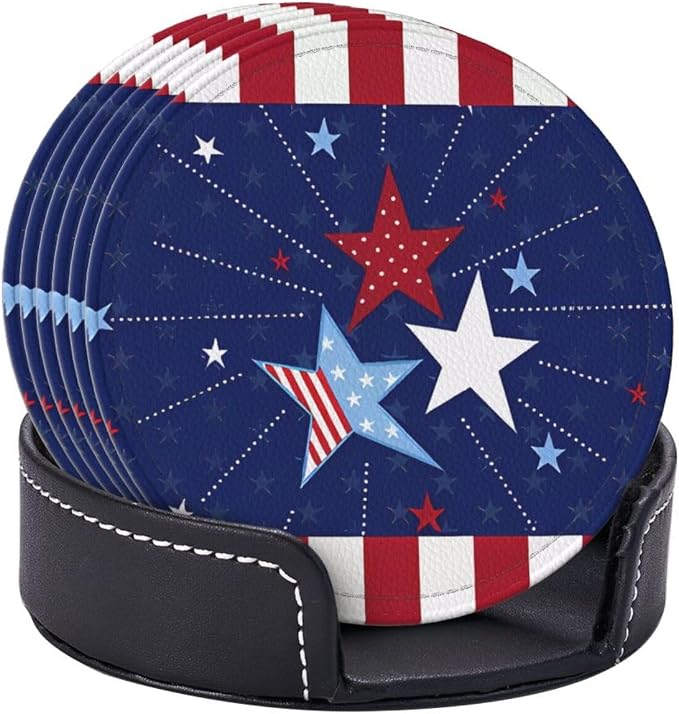 6 Pcs 4th of July Star Red Blue Independence Day Patriotic Star Leather Coasters - Image 6