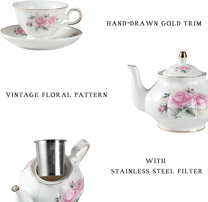 Sweejar Porcelain Tea Set Vintage Floral, British Relief Gold Rim Teapot Cup - Image 2