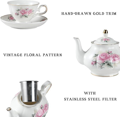 Sweejar Porcelain Tea Set Vintage Floral, British Relief Gold Rim Teapot Cup - Image 2
