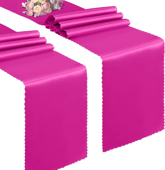 VACVELT Hot Pink Satin Table Runners, 12x72 Inch, 2 Pack, Scalloped Edge | by VACVELT